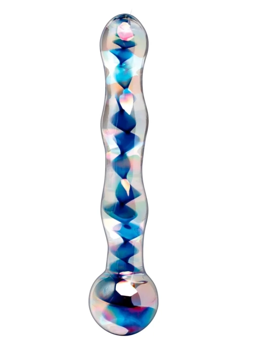 Oboustranné skleněné dildo s vlnitým povrchem Icicles No. 08 průhledné-modré