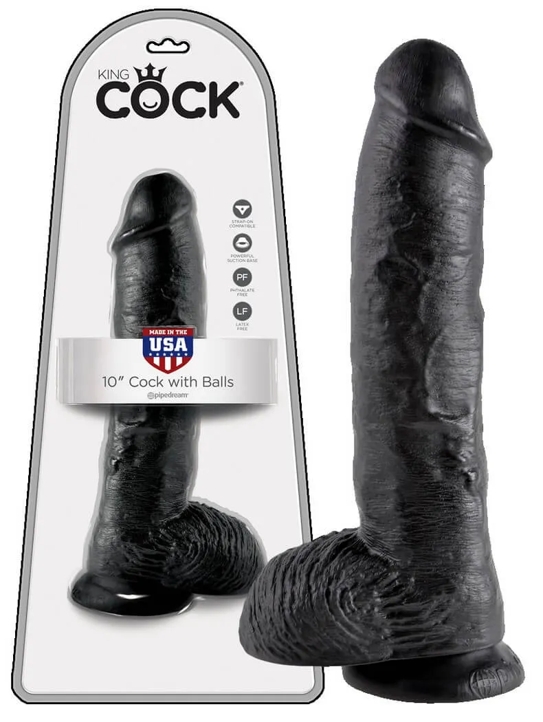 Čierne King Cock dildo so semenníkmi.